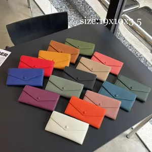 Multi-color genuine leather long wallet for women, soft cowhide envelope purse with snap.