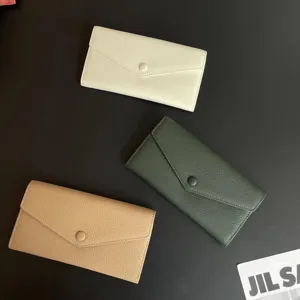 Women long leather envelope wallet genuine cowhide snap closure card holder purse detail view