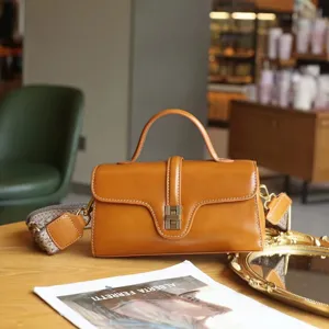 Genuine Leather Women Crossbody Bag Vintage Retro Pillow Top Layer Cowhide Shoulder Handbag Metal Lock Daily Chic Purse