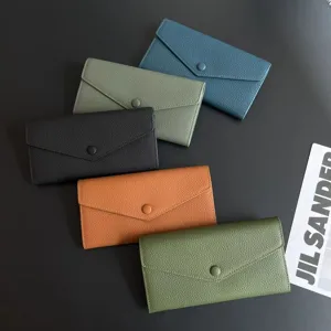 Premium soft cowhide leather long wallet for women, vintage envelope purse with snap button.