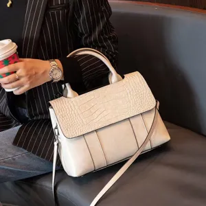 White crocodile embossed genuine leather women handbag, vintage top handle shoulder bag.