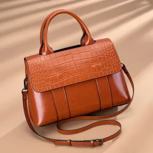 Women Genuine Leather Handbag Retro Crocodile Embossed Oil Wax Top Handle Satchel Bag Casual Vintage Shoulder Tote Bag