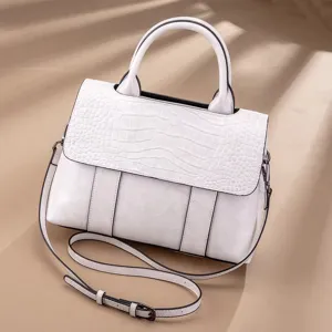 White leather women handbag with crocodile pattern flap, stylish top handle shoulder bag.