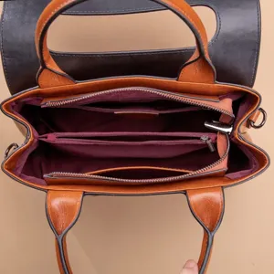 Genuine leather women handbag retro shoulder bag top handle oil wax cowhide tote bag interior