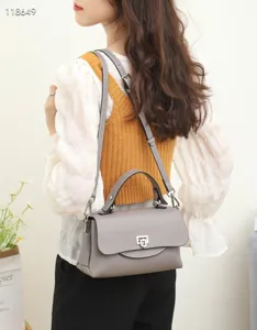 Grey leather top handle crossbody bag for women, elegant commuter handbag for autumn winter.