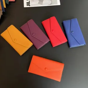 Genuine leather long wallet for women, soft cowhide envelope clutch purse with snap button.