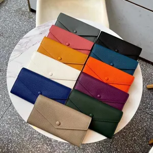 Women genuine leather long wallet, soft cowhide envelope purse with snap closure.
