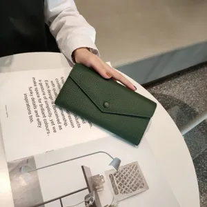 Classic dark green genuine leather long envelope wallet for women, elegant daily accessory.