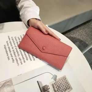 Women's long genuine leather wallet, soft cowhide envelope purse with snap closure, pink chic style.