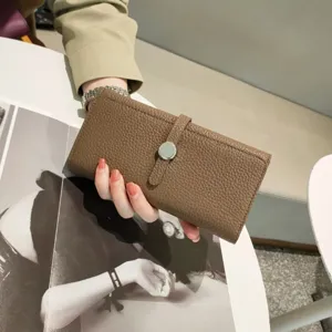 Women's genuine leather long wallet brown cowhide clutch purse with snap closure stylish daily use