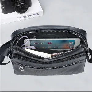 Bolso bandolera de cuero genuino para hombre con múltiples compartimentos con cremallera diario.
