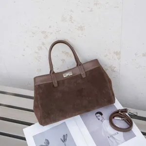 Brown suede top handle handbag elegant casual tote bag with metal lock closure and strap