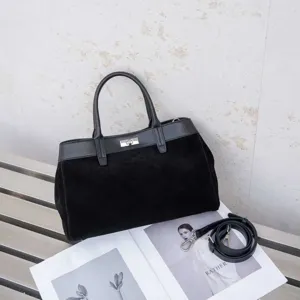 Black suede leather handbag large capacity tote bag stylish top handle shoulder bag for women