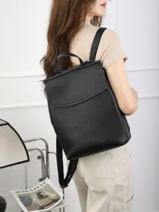 Genuine top layer cowhide leather solid color backpack student casual school bag black