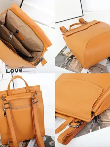 Genuine leather backpack for women, solid color soft cowhide school bag, casual daypack.