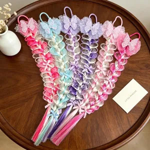 Graziosa estensione di capelli treccia parrucca bambina con fiocchi farfalla accessori.