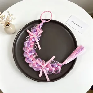 Perruque enfant accessoire de cheveux tressé dégradé rose violet avec nœud perle.