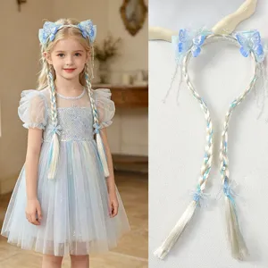 Kinderen vlinder pruik lange vlecht haarband prinses mooi haaraccessoire setje.