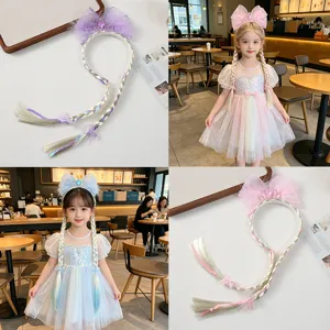 Kids Cartoon Cute Princess Crown Mesh Bowknot Headband With Synthetic Hair Long Braids Sweet Fairy Cosplay Party Decorative Hair Band Accessory