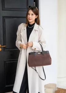 Elegant brown suede contrast tote bag, stylish retro top handle messenger bag for women.