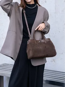 Brown suede leather handbag tote bag casual top handle crossbody bag with metal lock design for women