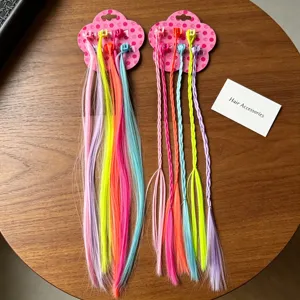 Colorful children wig hair clip and braided pigtail detail shot, bright party hair styling accessory.