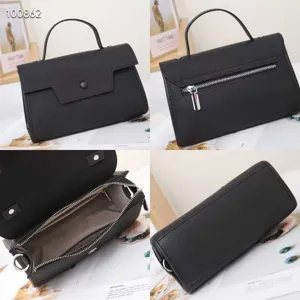 Borsa a tracolla in pelle nera da donna, elegante borsa a Busta con patta e manico superiore.