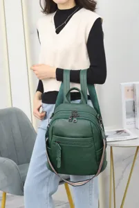 Dark green leather backpack detail, women casual daypack, simple fashion school bookbag.