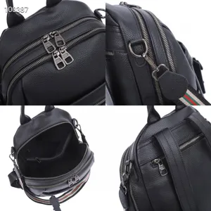 Black leather women backpack casual minimalist daypack stylish school bag with web strap