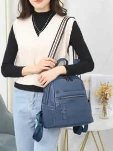 Women genuine leather backpack casual stylish school bookbag with striped strap blue