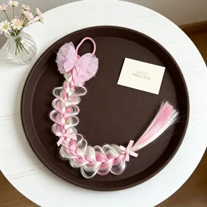 Extension per capelli treccia sintetica per bambini con grazioso fiocco rosa e perle per ragazze.