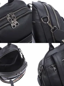 Black genuine leather backpack with multi-zipper compartments and stylish web straps.