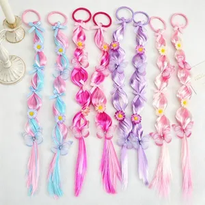 Kids colorful wig ponytail hair ties with cute flowers and butterfly decorations for girls.