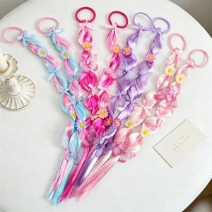 Girls colorful braided hair wig ponytail extensions with sweet flowers bows hair rubber bands