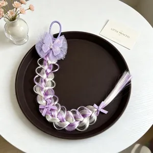 Carino elastico per capelli con treccia di parrucca viola per bambini con fiocco in rete.