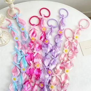 Cute girls colorful wig hair braids with daisy flowers, bows and butterflies for sweet hairstyles.