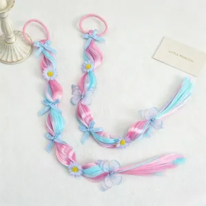 Colorful gradient synthetic hair extension ponytail with cute bows and butterflies for girls.