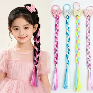 Kids colorful braided wig hair extensions with cute butterfly hair ties for girls party
