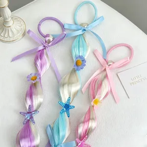Kinder Perücke Zopf Haargummi mit bunten Zöpfen, süssen Seesternblumen und Schleifendetails.