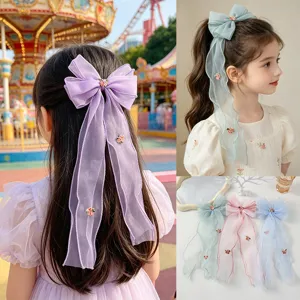 Kinder Prinzessin Ätherisch Netzstoff Schleife Haarspange Mit Langem Band Blumen Gestickt Süße Mädchen Pferdeschwanz Haarschmuck