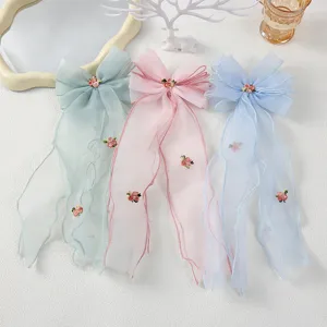 Süße Organza Schleifen Haarnadeln mit Rosenstickerei, lange Bänder für Kinder Frisuren.