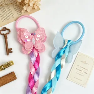 Children wig hair tie cute butterfly braided hair rope colorful hair extension ponytail