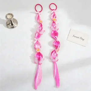 Girls pink wig ponytail hair extensions with cute butterflies flowers sweet hair accessories.