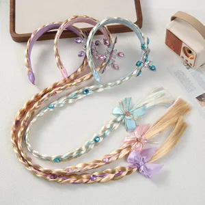 Kinder Prinzessin geflochtenes Haarband Set, süße Strass Schleife lange Perücke Haarreif für Party.