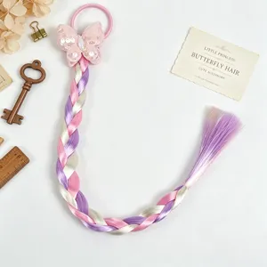 Kids colorful braided hair extension wig with cute pink bow hair tie and cute accessories.