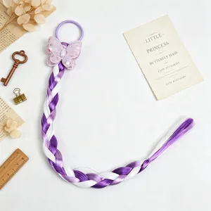 Kids purple braid hair extension detail with cute butterfly decor and elastic hair tie accessory.