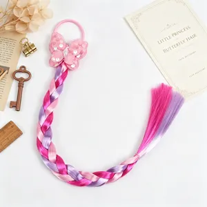 Colorful kids hair extension braid with pink sequin butterfly hair tie for cute girls styling.