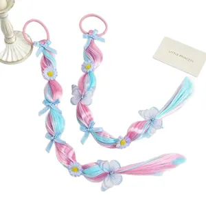 Girls sweet colorful wig ponytail extension hair tie with cute flowers and butterfly bows.