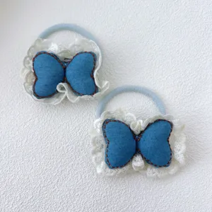 Élastiques à Cheveux Doux en Tissu Denim Avec Bordure en Dentelle Mignons Patchwork en Forme de Cœur Scrunchies Accessori de Cheveux pour Filles Enfants