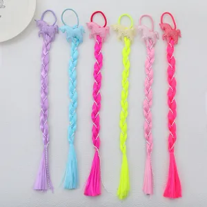 Children Cartoon Unicorn Pony Hair Ties Synthetic Fiber Wig Braids Colorful Extensions Hairband with Artificial Pearl Decor for Kids Festival Party